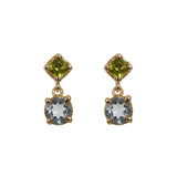 Aretes dobles peridots y cuarzos verdes oro 14k